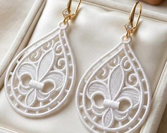 FSL Fleur De Lis Earring Design Teardrop Lace Ornament Machine Embroidery In The Hoop Freestanding Lace Digital File Instant Download
