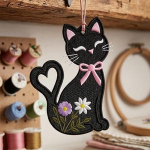 Può includere: Un ornamento ricamato a forma di gatto nero con coda a cuore, fiocco rosa e dettagli floreali viola e bianchi. Il gatto ha gli occhi chiusi, baffi bianchi e l'interno delle orecchie rosa, appeso a un gancio tramite un cordino rosa.