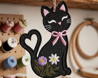 Black Cat FSL Earrings Machine Embroidery Design, Freestanding Lace Ornament In The Hoop Pattern, Floral Cat Earrings ITH Instant Download