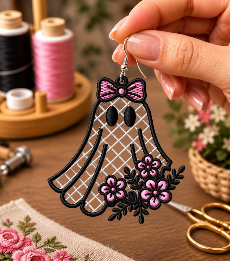 May include: A ghost-shaped earring featuring black embroidery outlines, a white grid-patterned interior, and a pink bow at the top. The lower section is decorated with black embroidered leaves and pink flowers with black centers on a silver hook.