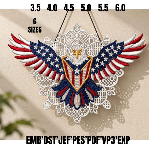 Patriotic Bald Eagle FSL Lace Ornament Embroidery Design, American Flag Wall Hanger Machine Embroidery File, USA 4th of July Gift