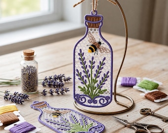 FSL Lavender Bottle Ornament Embroidery Design, Free Standing Lace Bee Flower Bottle, Honeycomb Machine Embroidery File Home Decor