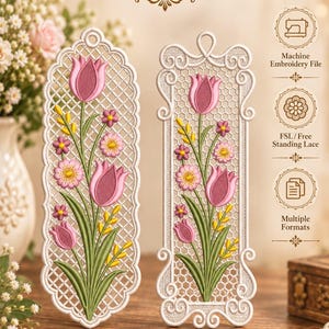 Può includere: Due disegni verticali per ricamo a macchina FSL Ornament con sfondi in pizzo bianco a reticolo, tulipani rosa ricamati, piccoli fiori rosa e steli verdi. Il testo FSL Ornament, Machine Embroidery File, FSL / Free Standing Lace e Multiple Formats è visibile.