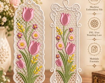 FSL Tulip Bookmark 2 Designs Pink Floral Freestanding Lace Machine Embroidery Ornament Pattern | Instant Download Digital File