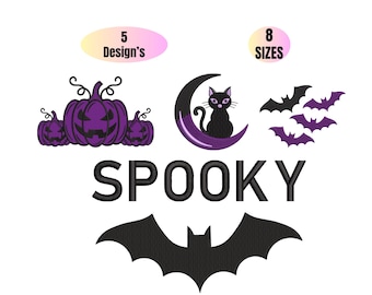 Halloween Embroidery Design Bundle, Spooky Pumpkin Bat Black Cat Moon Machine Embroidery, Instant Download PES DST JEF VP3 5 Designs 8 Size
