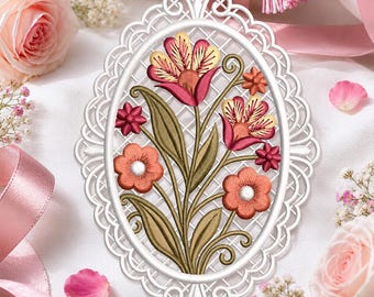 FSL Floral Oval Ornament Embroidery Design, Free Standing Lace Flower Doily Machine Embroidery File, Vintage Bouquet Lace Frame Pattern”