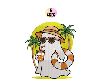 Summer Beach Ghost Embroidery Design | Cute Ghost Machine Embroidery File | Halloween in Summer Instant Download PES DST JEF 6 Sizes