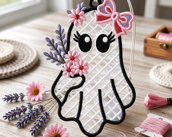 FSL Cute Ghost Embroidery Design, Free Standing Lace Halloween Ornament, Girl Ghost with Flowers Bow, Machine Embroidery instant Download
