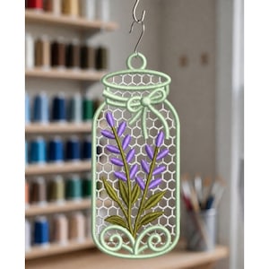 FSL Mason Jar Ornament Bundle Machine Embroidery Design Free Standing Lace Daisy Lavender Flower Jar Set of 3 FSL Ornaments Instant Download image 4