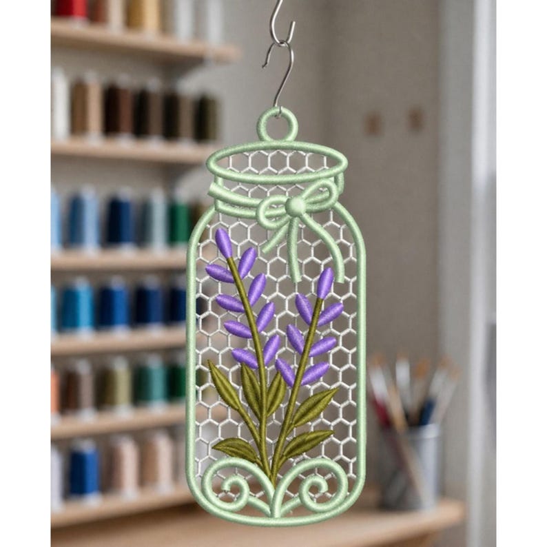 FSL Mason Jar Ornament Bundle Machine Embroidery Design Free Standing Lace Daisy Lavender Flower Jar Set of 3 FSL Ornaments Instant Download image 4
