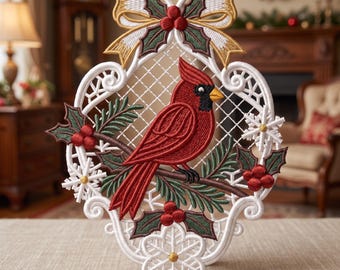 FSL Cardinal Christmas Ornament Snowflake Holly Bow Freestanding Lace Machine Embroidery Design | Instant Download Digital File