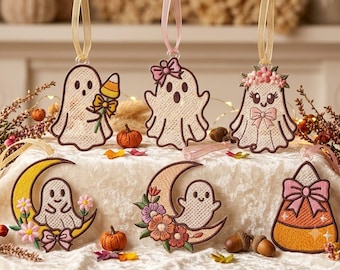 FSL Cute Ghost Ornament Bundle 6 Designs Candy Corn Moon Floral Halloween Freestanding Lace Machine Embroidery Instant Download File