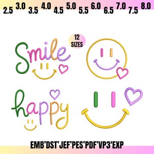 以下が含まれることがあります： 「Smile」と「happy」の文字、スマイリーフェイス、ハートが描かれた、カラフルな刺繍デザインのコレクション。デザインは2.5から8.0までの数字で示された様々なサイズで利用可能です。画像にはファイルタイプの略語も含まれています。