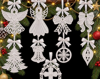 FSL Christmas Ornament Bundle 9 Designs Angel Bell Tree Snowflake Bow Cross Freestanding Lace Machine Embroidery Instant Download File