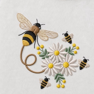 ミツバチとデイジーの刺繍デザイン | ハチの花柄ミシン刺繍デジタルダウンロード | PES DST JEF | 7サイズ 即時ダウンロード