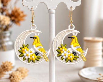 Desenho de bordado à máquina de ornamento de pássaro amarelo FSL, lua crescente de renda independente, pássaro floral, arquivo digital, download instantâneo ITH