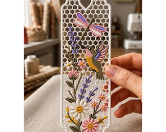 FSL Hummingbird Bookmark Embroidery Design, Free Standing Lace Floral Dragonfly Ornament, Machine Embroidery File, Digital Download PES EXP