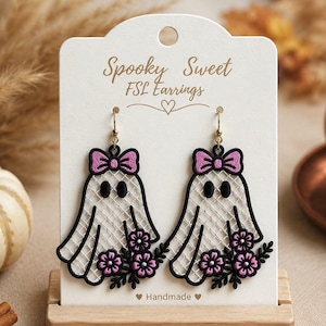 FSL Ghost Earrings Embroidery Design Free Standing Lace Halloween Floral Bow Ghost Ornament Cute Spooky Jewelry ITH Machine Instant Download