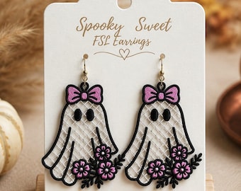 FSL Ghost Earrings Embroidery Design Free Standing Lace Halloween Floral Bow Ghost Ornament Cute Spooky Jewelry ITH Machine Instant Download