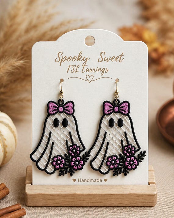 FSL Ghost Earrings Embroidery Design Free Standing Lace Halloween Floral Bow Ghost Ornament Cute Spooky Jewelry ITH Machine Instant Download