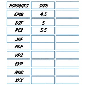 May include: A white grid chart with blue borders featuring the text FORMATS and SIZE. The list includes embroidery file formats EMB, DST, PES, JEF, PDF, VP3, EXP, HUS, and XXX. The sizes 4.5, 5, and 5.5 are listed next to the first three formats.