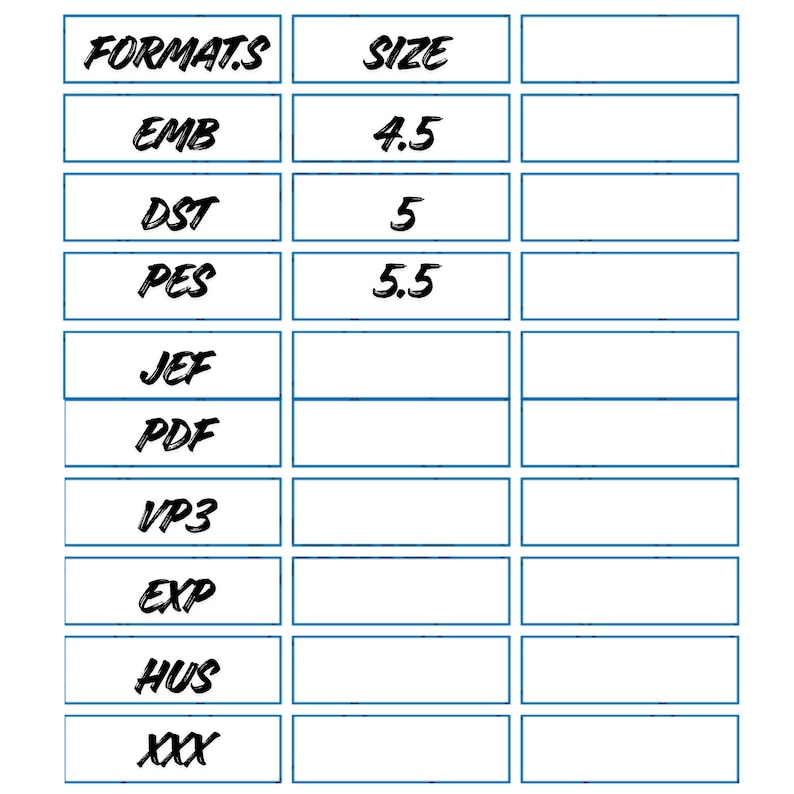 May include: A white grid chart with blue borders featuring the text FORMATS and SIZE. The list includes embroidery file formats EMB, DST, PES, JEF, PDF, VP3, EXP, HUS, and XXX. The sizes 4.5, 5, and 5.5 are listed next to the first three formats.