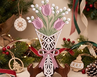 FSL Tulip Bouquet Basket Ornament Pink Floral Macrame Freestanding Lace Machine Embroidery Design | Instant Download Digital File