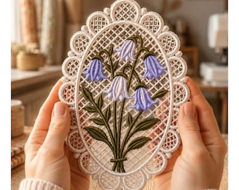 FSL Bluebell Flower Ornament Embroidery Design Free Standing Lace Floral Pendant | 5 Sizes | PES DST | Instant Download Fsl embroidery file