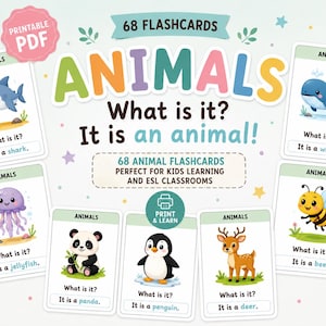 Könnte beinhalten: Ein Set aus 68 druckbaren Tier-Lernkarten mit farbenfrohen Illustrationen von Hai, Wal, Qualle, Panda, Pinguin, Reh und Biene. Jede Karte zeigt den Text Animals, What is it? sowie den Namen des jeweiligen Tieres in einer klaren Schrift.