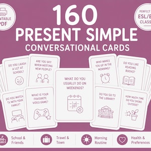 May include: A set of 160 printable PDF present simple conversational cards on a purple background. Each white card features a question and a line-art icon, including topics like school, friends, travel, town, morning routines, health, and preferences.