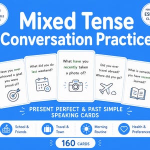 May include: A set of 160 printable conversation practice cards on a blue background. The cards feature text prompts for mixed tense practice, including questions about goals, weekends, photos, travel, and learning, accompanied by simple line icons.