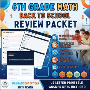 Puede incluir: Un paquete de repaso de matemáticas de 6º grado con 18 páginas de práctica, 88 problemas y claves de respuestas. El documento está alineado con CCSS, diseñado para impresión en tamaño carta de EE. UU. y cubre valor posicional y potencias.
