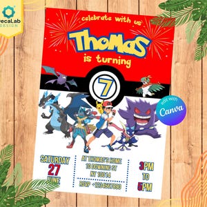 Può includere: Un biglietto d'invito di compleanno rettangolare con una sezione superiore rossa con il testo "celebrate with us Thomas is turning" e una sezione inferiore bianca. Mostra vari personaggi dei cartoni animati, un grande numero 7 e i dettagli.