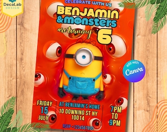 Modèle d'invitation d'anniversaire Minions, design Canva modifiable pour fête d'enfants