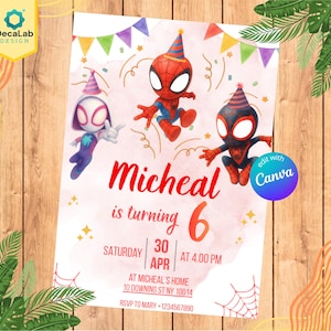 Può includere: Un biglietto d'invito per compleanno con tre supereroi dei cartoni animati con cappellini da festa, festoni colorati e grafiche a ragnatela. Il testo recita: Micheal is turning 6, Saturday 30 APR at 4.00 PM, at Micheal's home 10 Downing St NY 10014, RSVP to Mary +1234567890.