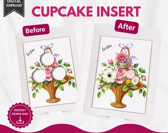 Best Wishes Cupcake Basket Insert Template, 3 Cupcake Holder Printable, Floral Bakery Box Insert, Gift Packaging Digital Download