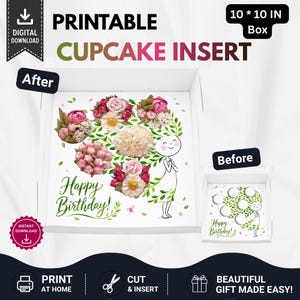Peut inclure: Un insert à cupcakes imprimable en téléchargement numérique pour une boîte de 10 par 10 pouces. Le design présente un personnage avec des cheveux en forme de feuilles vertes, des décorations florales roses et blanches et le texte Happy Birthday.