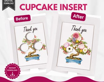 Danke Cupcake Box Insert Vorlage | Printable 3 Cupcake Halter | Floral Bonsai Baum Cupcake Box Einsatz PDF | Bäckerei Geschenkverpackung