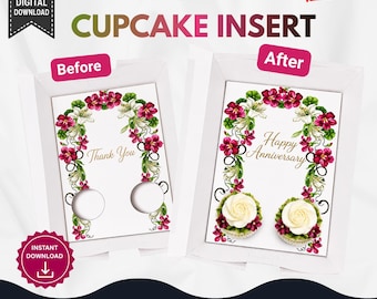 Happy Anniversary Cupcake Box Insert Template, 2 Cupcake Holder Printable, Floral Bakery Box Insert, 4 Template Variations, Digital Download