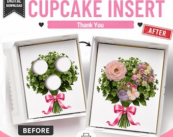 Mall för insats till rosa blommiga cupcakebuketter, utskrivbar insats till 3 cupcakeaskar, hållare för blommuffins, digital bageriförpackning