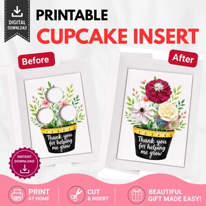 Tack för att du hjälper mig att växa. Mall för muffinsinlägg, insats för muffinsask med uppskattning för lärare, utskrivbar presentask för 3 muffins, present till lärare.