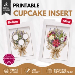 Cupcake Bouquet Insert Template, 3 Cupcake Box Insert Printable, Floral Cupcake Bouquet Holder, Vintage Bakery Packaging