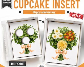 花柄カップケーキブーケ挿入テンプレート、カップケーキボックス挿入用印刷可能テンプレート3枚、オレンジと黄色の花柄カップケーキホルダー、ベーカリーパッケージ