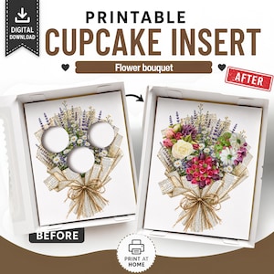 Mall för muffinsbukettinlägg, utskrivbara 3 muffinsasksinlägg, hållare för blommig muffinsbukett, vintage bageriförpackning