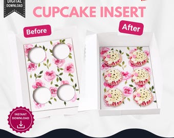 Modelo de caixa para cupcakes com estampa de rosas cor-de-rosa, para imprimir (4 ou 6 cupcakes), com design floral, para confeitaria. Disponível para download digital.