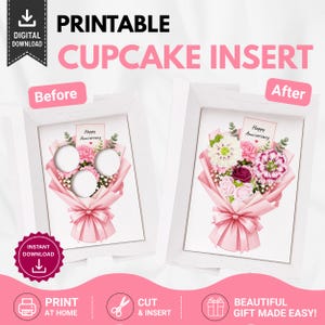 Happy Anniversary Cupcake Insert Template, 3 Cupcake Box Insert Printable, Pink Floral Bouquet Bakery Packaging, Digital Download
