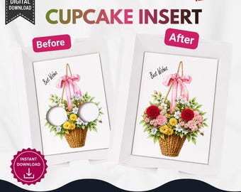 Modello per inserto scatola cupcake "Auguri" / Porta cupcake stampabile per 2 persone / Inserto scatola cupcake con cestino floreale / Confezione per pasticceria