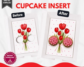 Modello per inserto in scatola per cupcake con tulipani rossi, 2 porta cupcake stampabili, inserto per scatola da pasticceria con bouquet floreale, regalo di San Valentino, download digitale