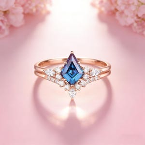 Kite Cut London Blue Topaz Engagement Ring, Leaf Moissanite Rose Gold Ring, Unique Nature Inspired Bridal Jewelry, December Birthstone Gift