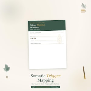 May include: A Somatic Healing Tool Trigger Mapping Worksheet with a dark green header and white body. The text reads Somatic Healing Tool, Trigger Mapping Worksheet, Identify, Track, Regulate, Nervous System State, Body Sensations, Trigger Patterns, and Regulation Response.